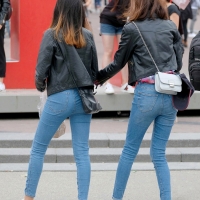 Various candid beautiful women in different outfits in public 98482383@N03_48850510258_Two in Jeans and Leather 2.jpg