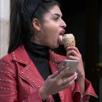 Various candid beautiful women in different outfits in public 98482383@N03_49848413608_Ice Cream and Phone 3.jpg