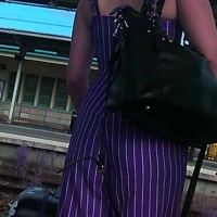 Candid lady in tight purple striped pants 68274978.jpg