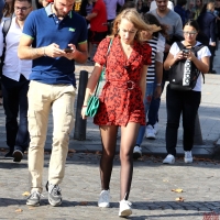 Candid sexy girls in skirts and dresses in public candidsexystreet_48945534248_Blonde beauty in colored minidress & shiny pantyhose.jpg