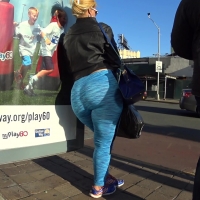 Fat ass in blue leggings