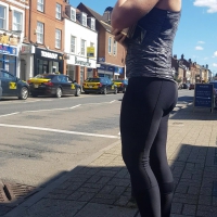 Short haired girl in yoga pants