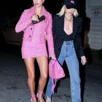 Hailey Bieber having a night out in a pink skirt in West Hollywood 05.jpg