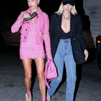 Hailey Bieber having a night out in a pink skirt in West Hollywood 08.jpg