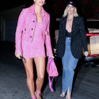 Hailey Bieber having a night out in a pink skirt in West Hollywood 06.jpg