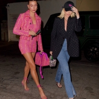 Hailey Bieber having a night out in a pink skirt in West Hollywood 10.jpg