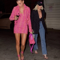 Hailey Bieber having a night out in a pink skirt in West Hollywood 24.jpg