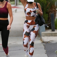 Vanessa Hudgens in cow-print crop top and leggings with GG Magree in Los Angeles 10.jpg