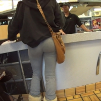Blonde in grey leggings at McDonalds