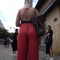 Blonde wedgie in red pants