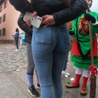 Brunette in tight blue jeans