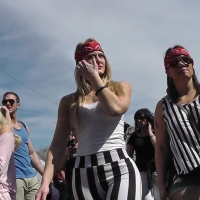 Blonde hottie in striped leggings