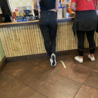 Sexy brunette with a nice ass in tight Lulus while getting food Brunette getting food in Lulus