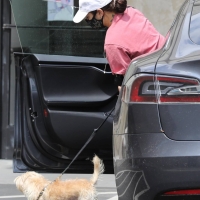 Vanessa Hudgens out with her dog in Hollywood in green spandex shorts 02.jpg