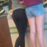 Sexy candid babe with a nice ass in leggings getting food with her friend in denim shorts 64383787.jpg