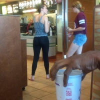 Sexy candid babe with a nice ass in leggings getting food with her friend in denim shorts 64383792.jpg