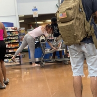 Candid fat boot ebony milf in grey leggings shopping with her daughter at Walmart 65457427.jpg