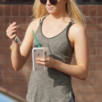 Hot blonde in light leggings after getting Starbucks Hot blonde in light leggings