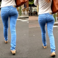 Bubble butt on the street in tight light blue jeans Bubble butt in blue jeans