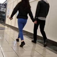 Brunette in blue leggings