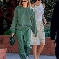 Hailey Bieber with Kendall Jenner showing her braless boobs and pokies in a white top at the Beverly Grill in Beverly Hills 02.jpg