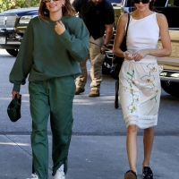 Hailey Bieber with Kendall Jenner showing her braless boobs and pokies in a white top at the Beverly Grill in Beverly Hills 15.jpg